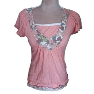 Y2K ~ Pastel Peach Floral Square Neck Ruffle Hem Top S